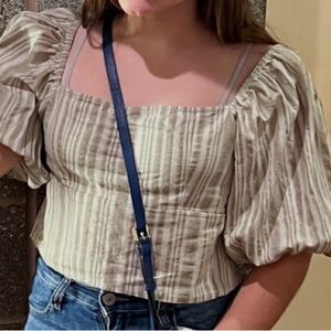 Shore Linen Blend Puff Sleeve Lace-Up Crop Top